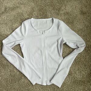 ALO Yoga White Zip-Up Ribbed Long Sleeve Top